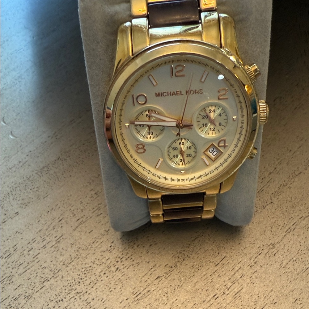 Michael Kors Gold Chronograph Watch with Brown Accents
